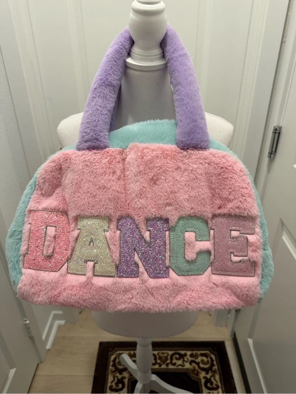 Justice Dance Faux Fur Duffel Bag Pastel Pink Blue Purple Glitter Kids Tote